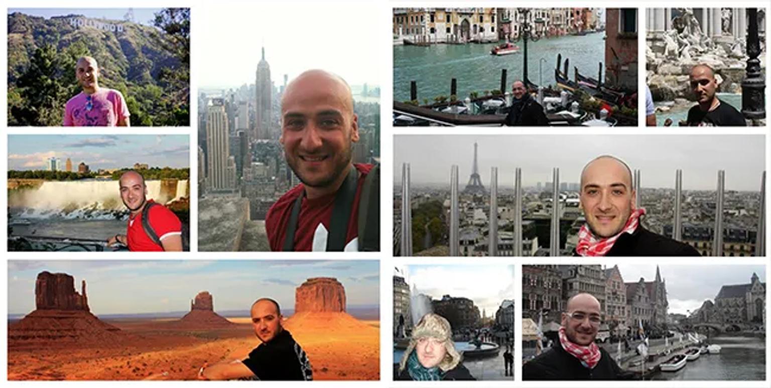 Collage de David en diversos destinos turísticos alrededor del mundo.