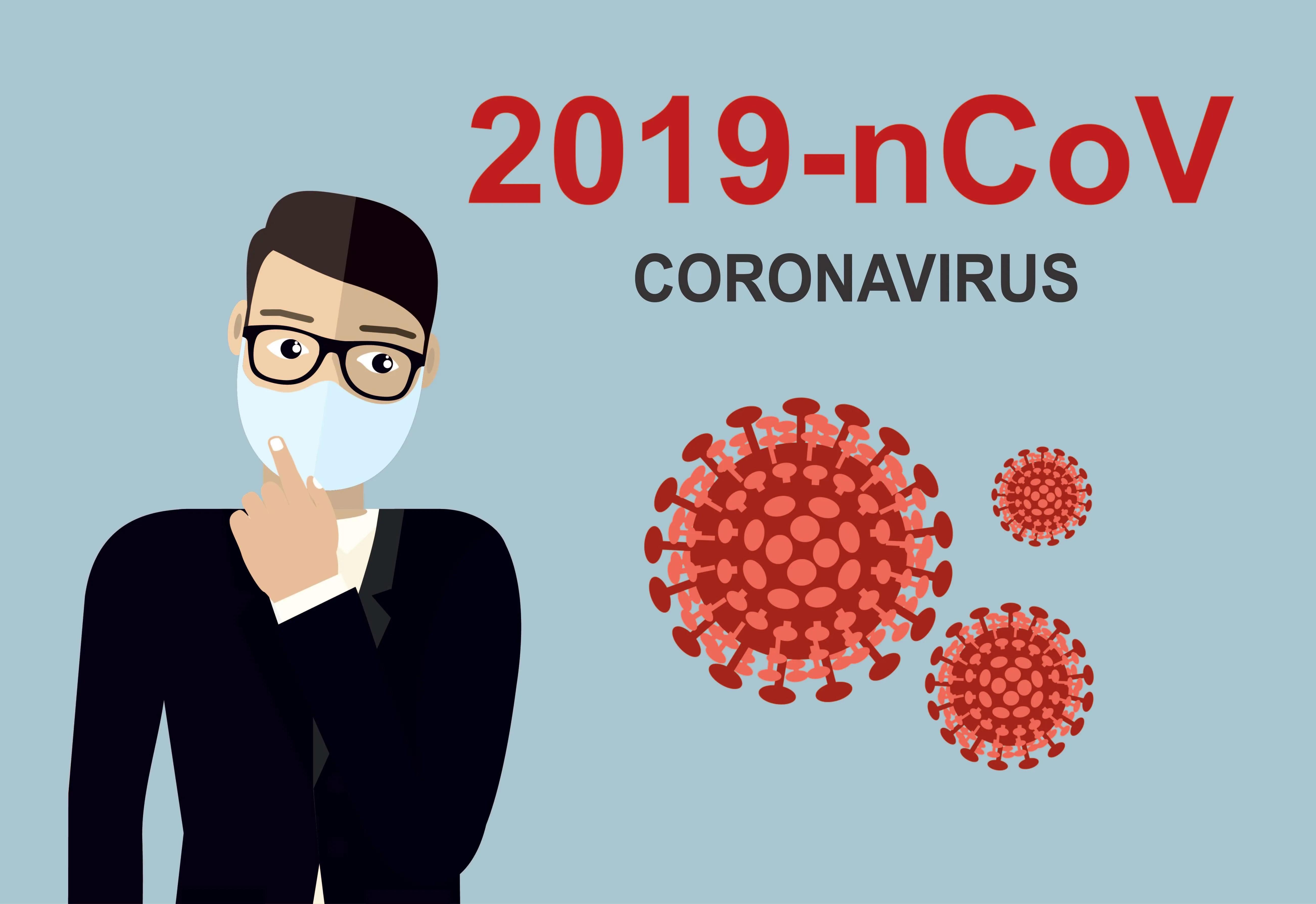 rapaz com mascara e imagens de coronavirus