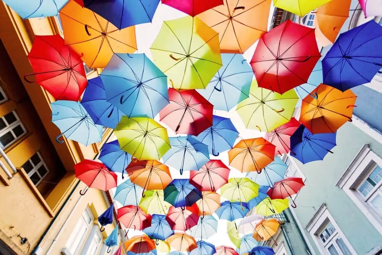 guarda-chuvas de varias cores pendurados sob uma rua de agueda