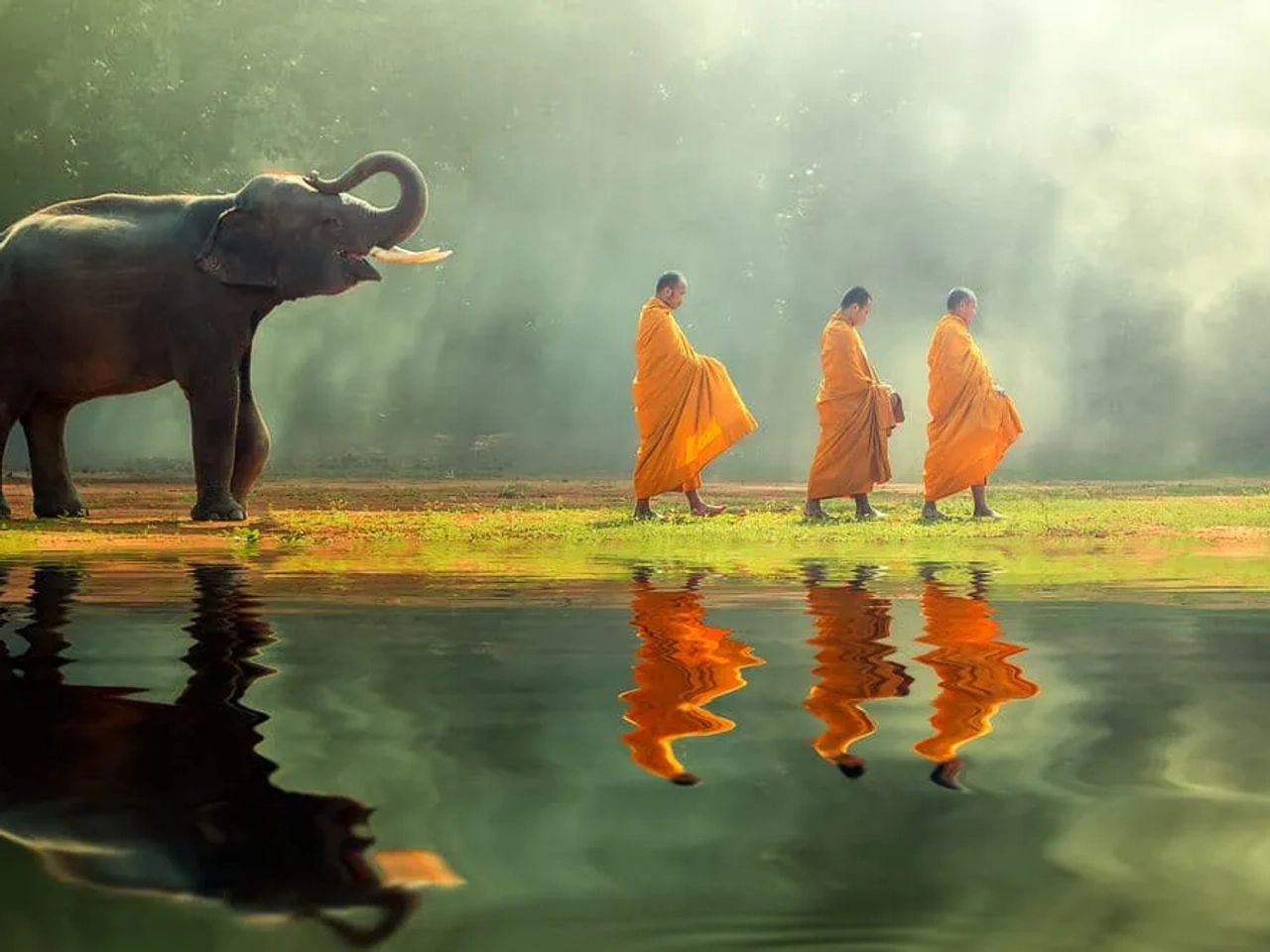 tres monges budistas sao seguidos por um elefante
