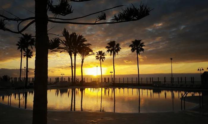 Atardecer sobre una piscina rodeada de palmeras y un paisaje costero.