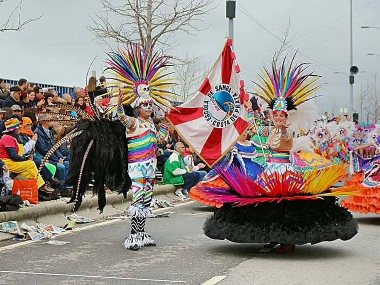 Desfile de Carnaval com dançarinos em trajes coloridos e plumas vibrantes.