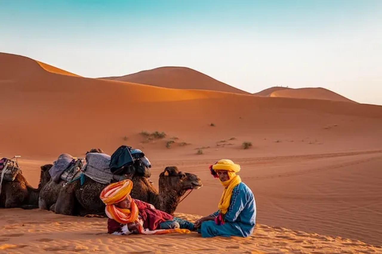 one man with a camel in the desert in marocco