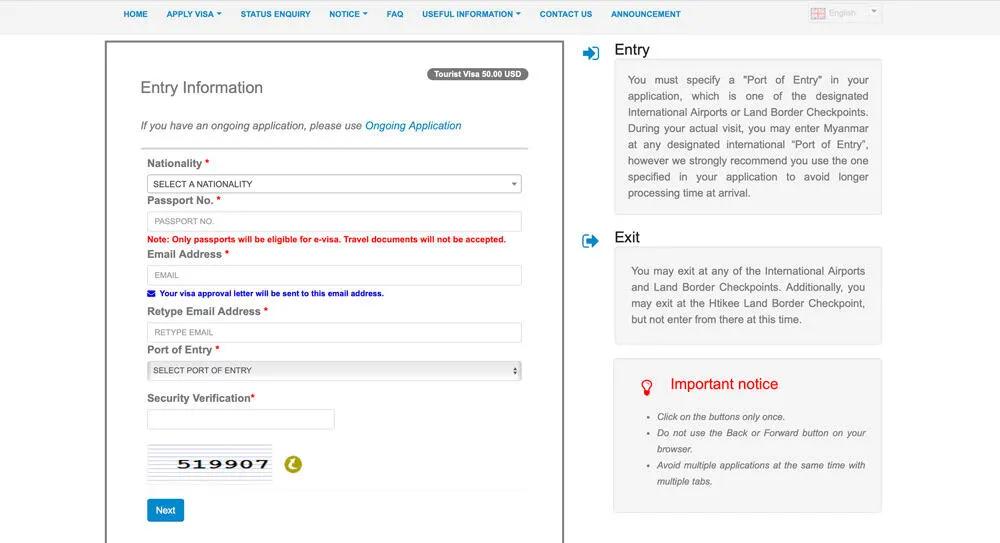 formulario de la eVisa para Myanmar