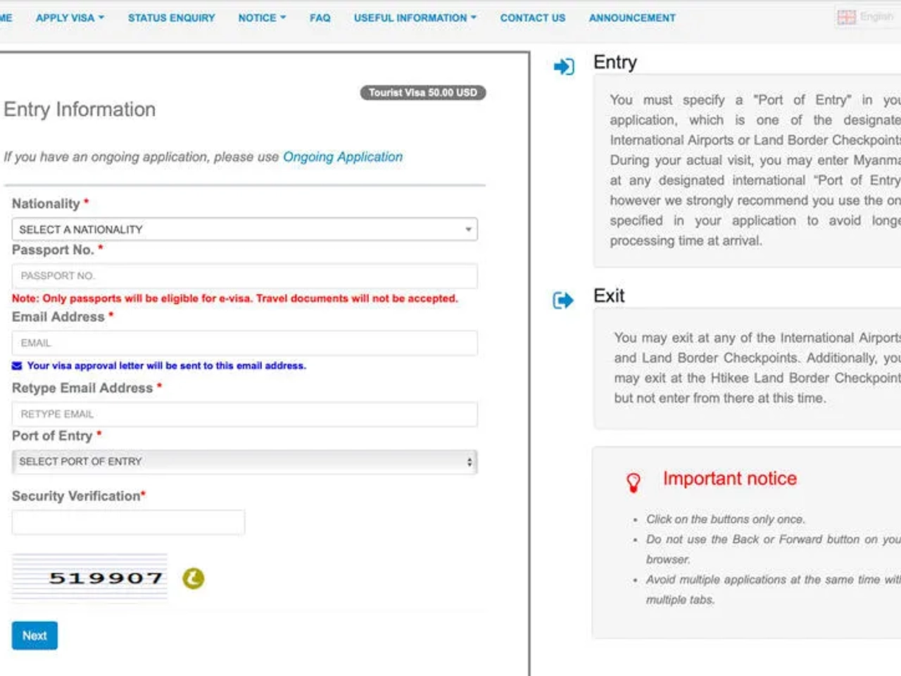 formulario de la eVisa para Myanmar