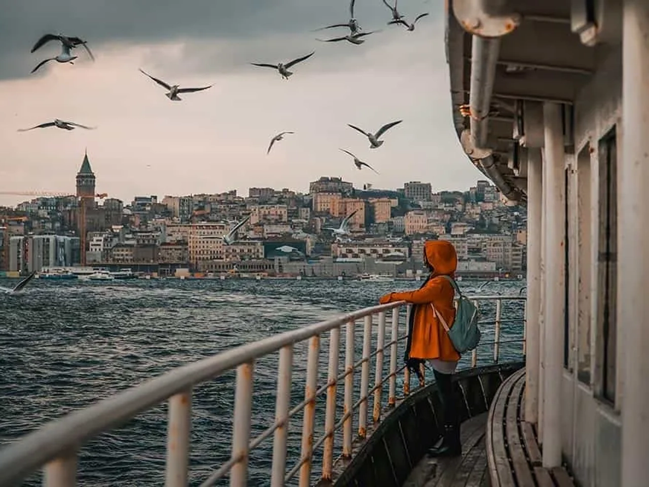 Pessoa em um barco, observando a cidade de Istambul e gaivotas voando.
