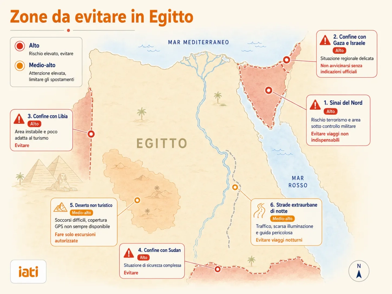Mappa illustrata dell’Egitto con le zone da evitare o da visitare con elevata attenzione, tra cui Sinai del Nord, confini con Gaza, Israele, Libia e Sudan, deserto non turistico e strade extraurbane di notte.