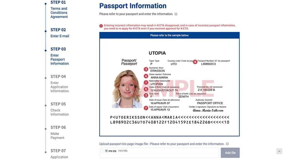 foto del pasaporte para la K-ETA de Corea del Sur