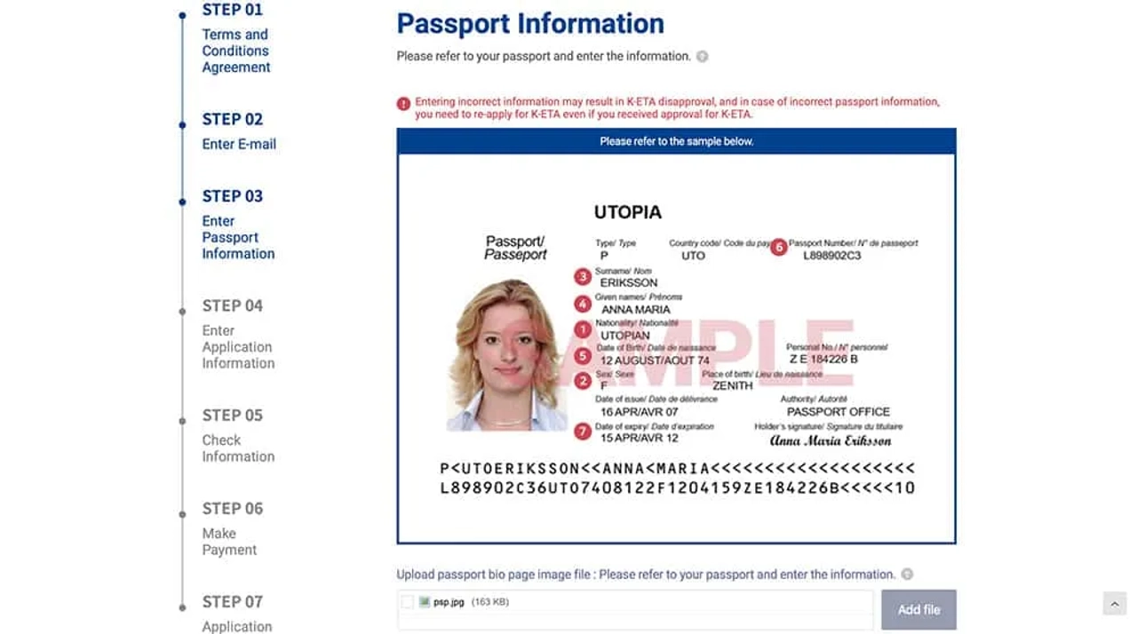 foto del pasaporte para la K-ETA de Corea del Sur