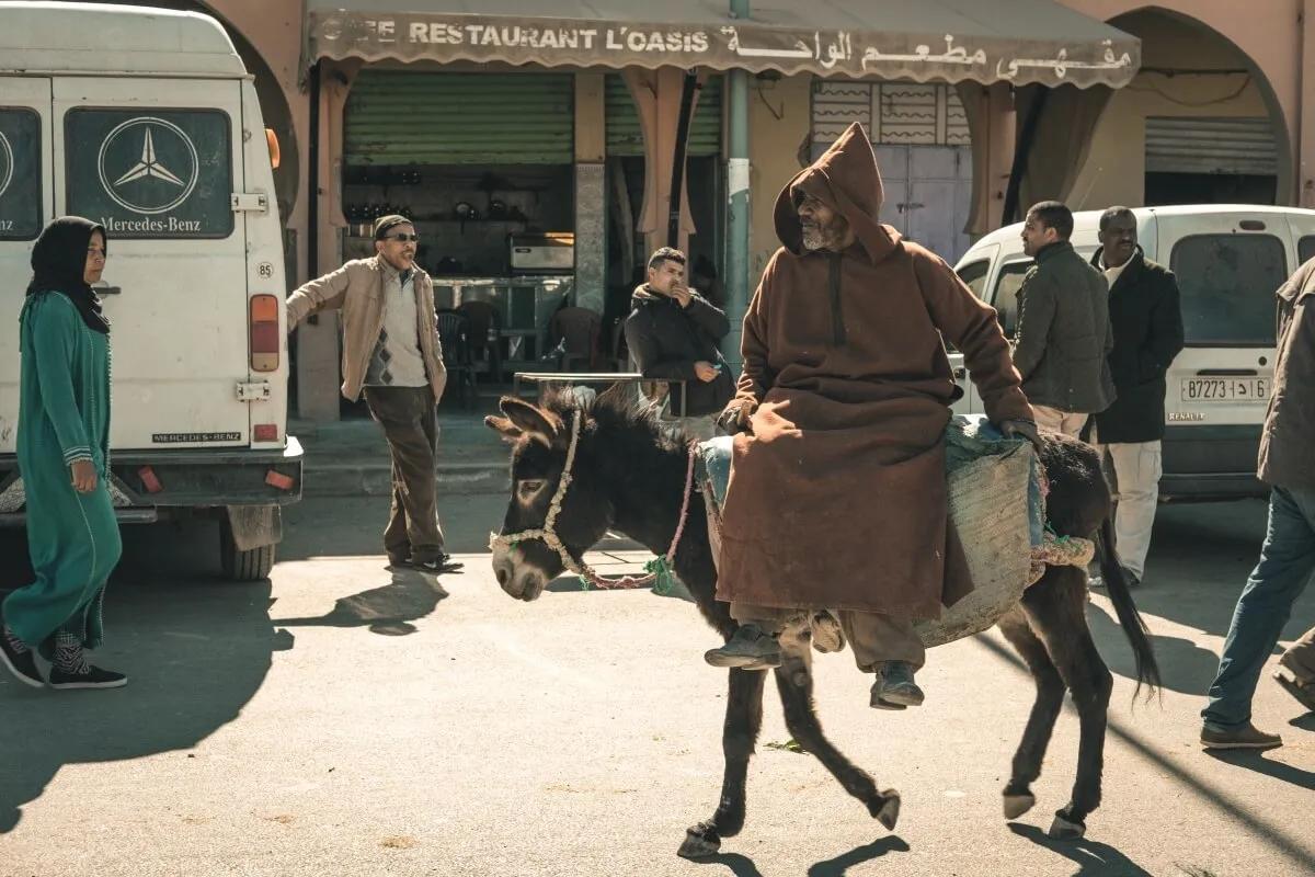 homem num burro chega ao mercado de rissani
