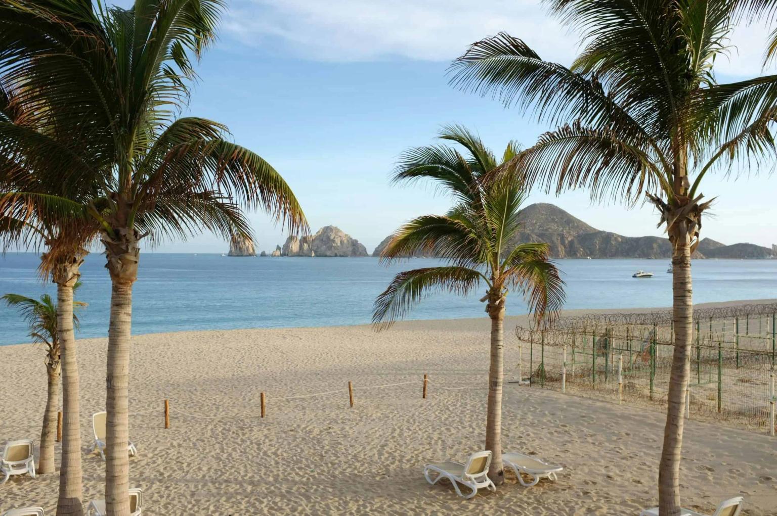 Playa con palmeras, arena y mar, ideal para vacaciones en México.