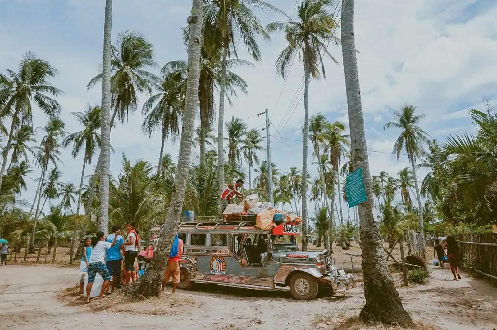 Grupo de personas junto a un jeepney en un paisaje tropical con palmeras.