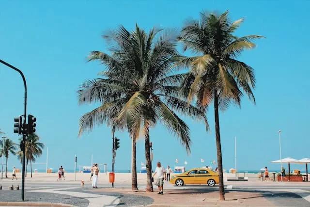 pessoas a passear junto a um carro amarelo com plameiras em copacabana no brasil