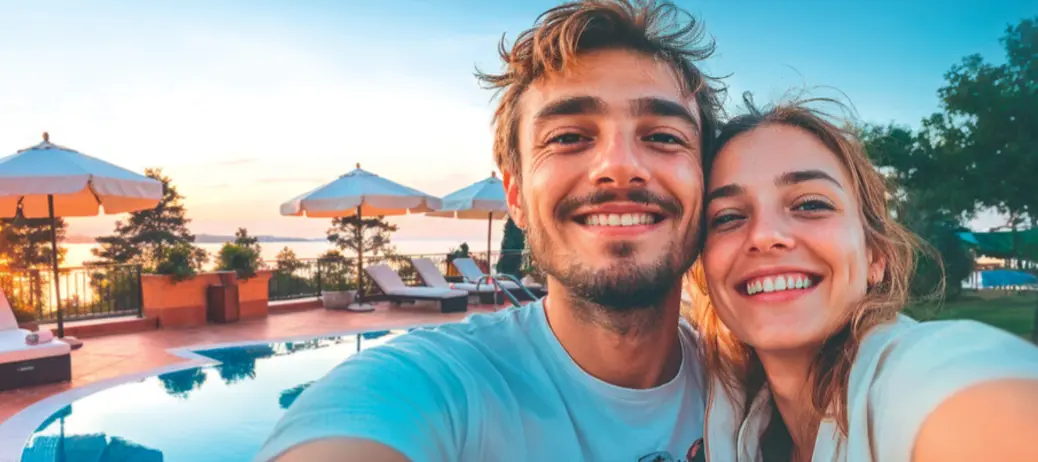 Pareja feliz en una piscina