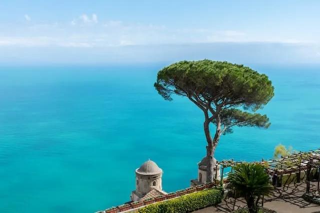 arvore num miradouro com vista para o mal azul turquesa de ravello na costa amalfitana
