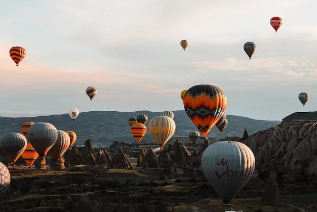 hot air balloons at sunset in turkey