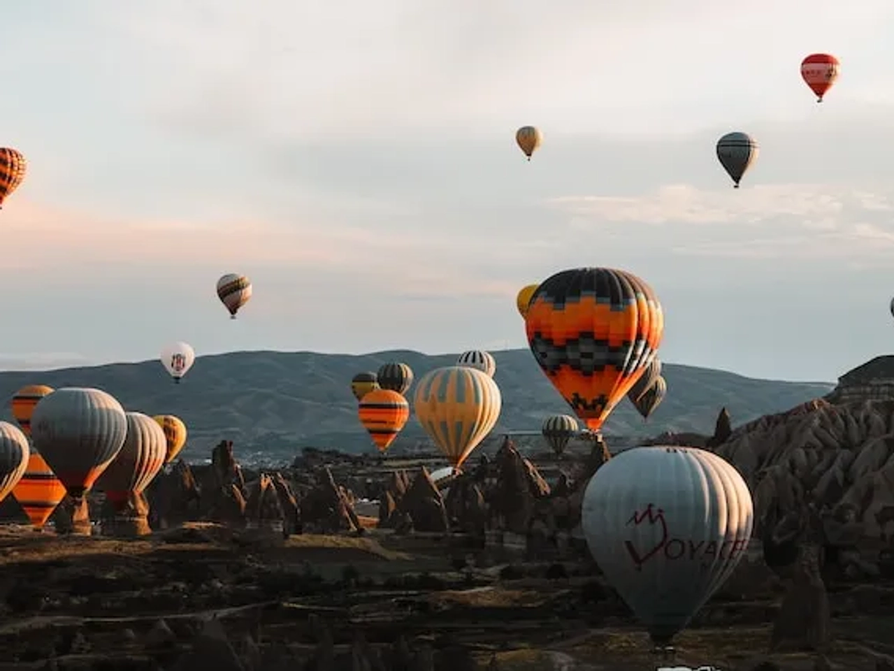 hot air balloons at sunset in turkey