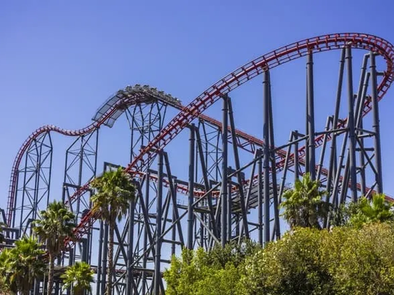 Montaña rusa en un parque temático de Los Ángeles, rodeada de palmeras.