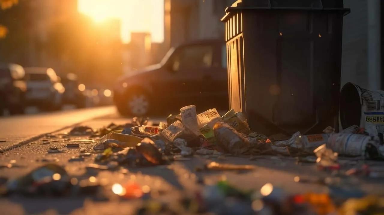 Basura acumulada en la calle junto a un contenedor, con luz de atardecer.
