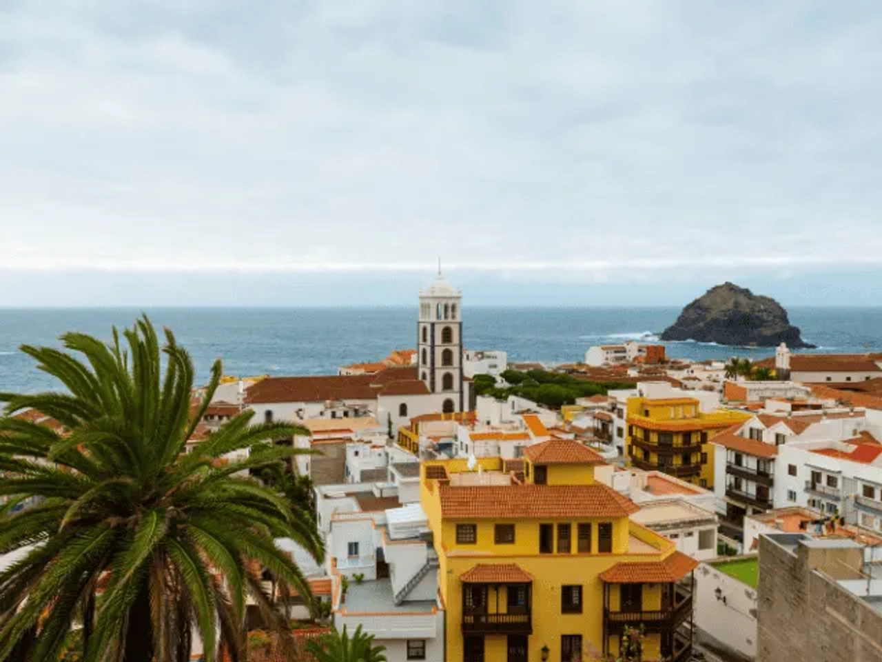 muitas casas e uma plameira junto ao mar com uma rocha grande no meio do mar em tenerife nas ilhas canarias