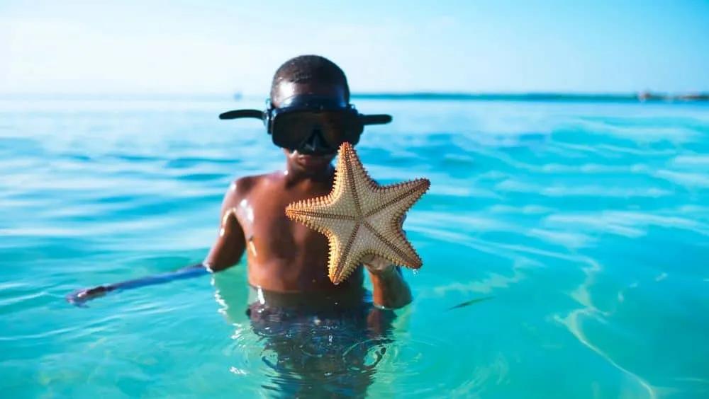 Niño en el agua sosteniendo una estrella de mar, simbolizando el turismo irresponsable.