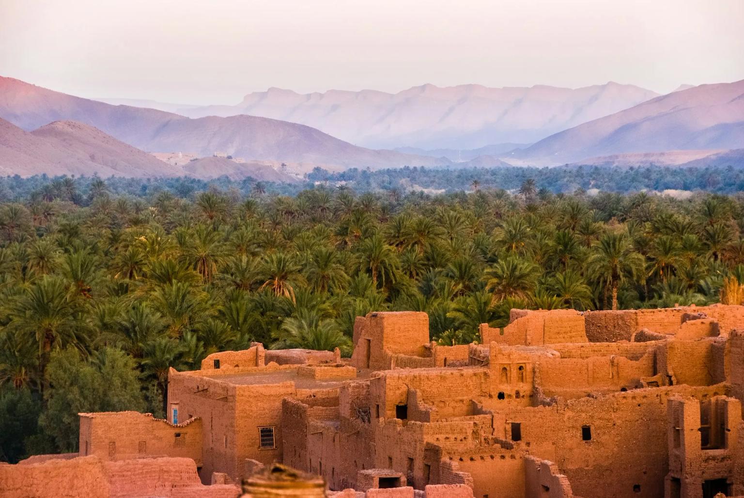 Paesaggio del Marocco con kasbah in terra rossa, palmeto e montagne dell’Atlante, immagine di copertina per una guida sulla sicurezza in Marocco.