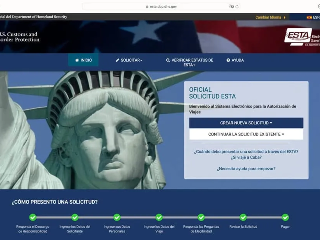 información del viaje en la solicitud de la ESTA