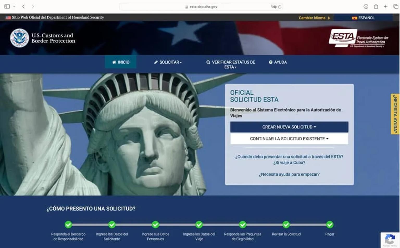 Página web oficial para solicitar la ESTA para viajar a Estados Unidos.