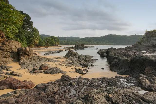 praia com rochas e arvores em sao tome e principe