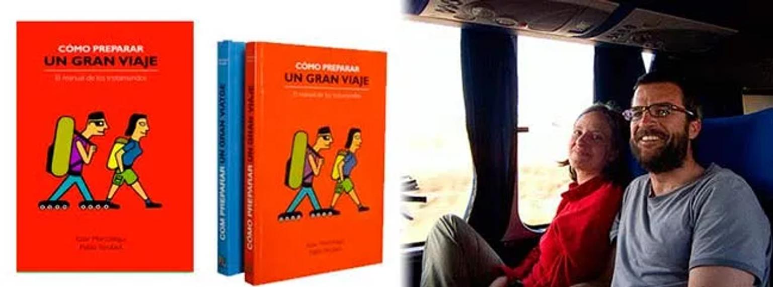 Libros sobre viajes y una pareja disfrutando de un trayecto en autobús.