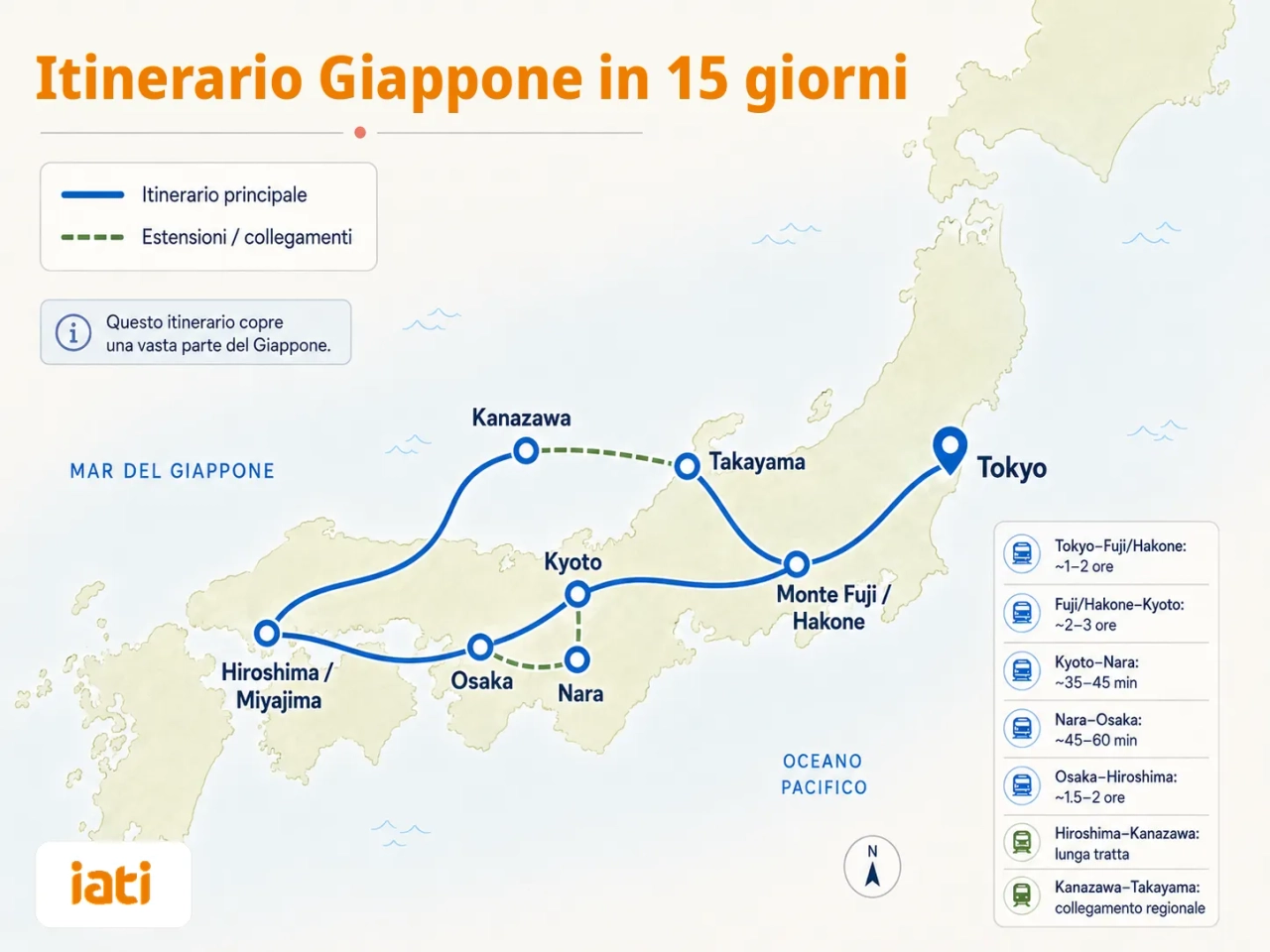 Mappa itinerario 15 giorni Giappone: Tokyo - Monte Fuji/Hakone - Kyoto - Nara - Osaka - Hiroshima/Miyajima - Kanazawa - Takayama.