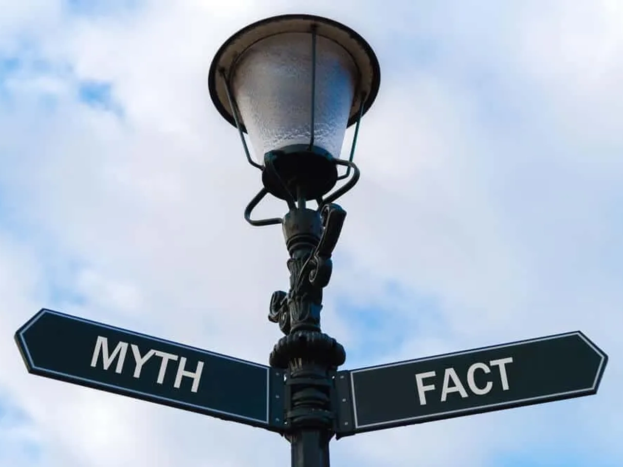 candeeiro com setas em ingles que apontam para os mitos ou os factos