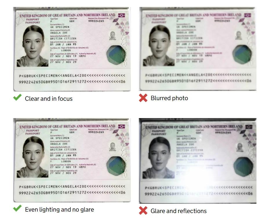 Exemplo de fotografia correta do passaporte para pedir o UK ETA, com imagem nítida, boa iluminação e sem reflexos.