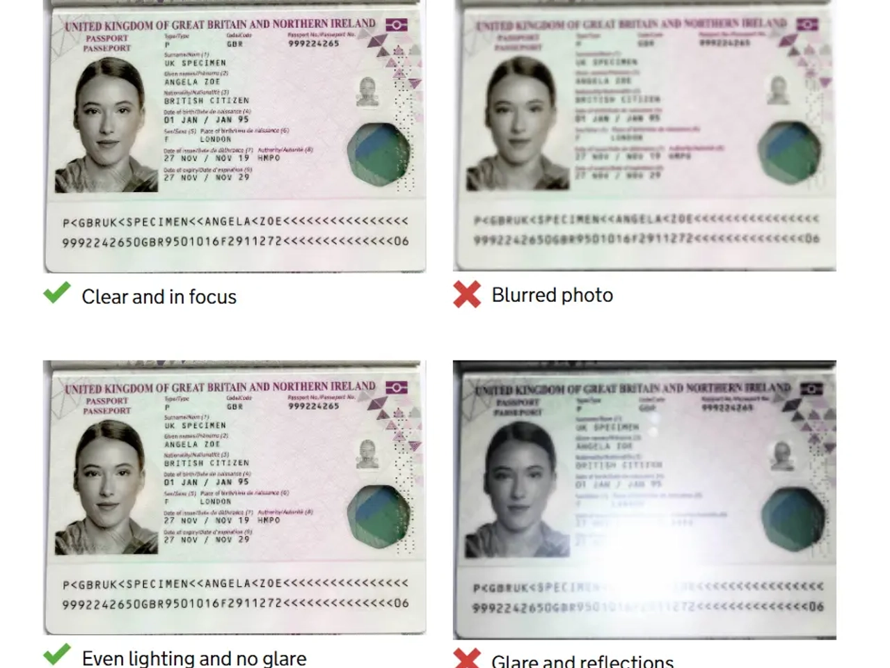 Exemplo de fotografia correta do passaporte para pedir o UK ETA, com imagem nítida, boa iluminação e sem reflexos.