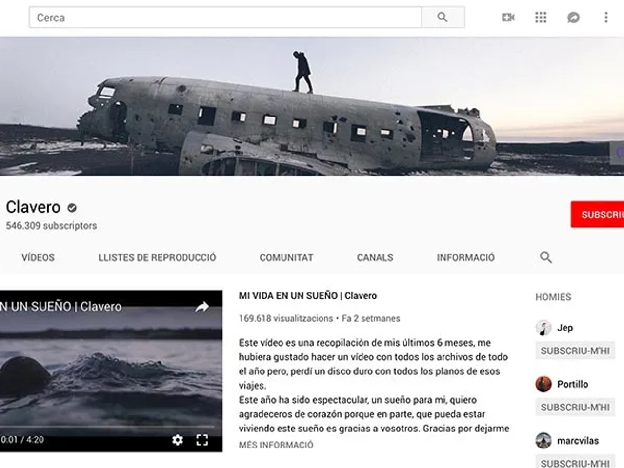 Imagen de un canal de YouTube con un video destacado y un paisaje dramático.