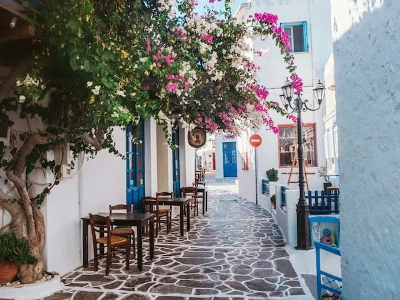 um café numa rua em milos na grécia com flores cor de rosa