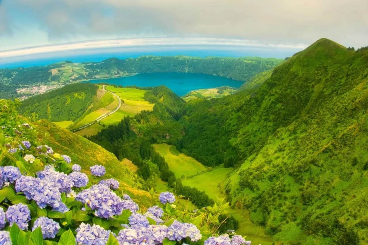 Vista panorâmica de São Miguel, com montanhas verdes e flores roxas em primeiro plano.