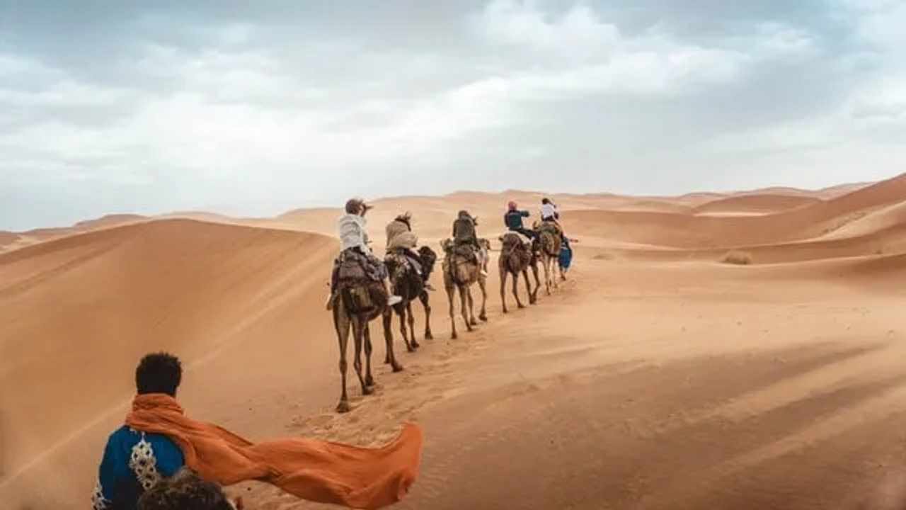 várias pessoas montadas em camelos no deserto do Sahara em Marrocos