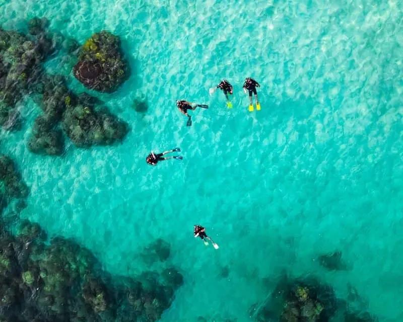 vista de cima de 5 mergulhadores na Redang Island na Malásia 