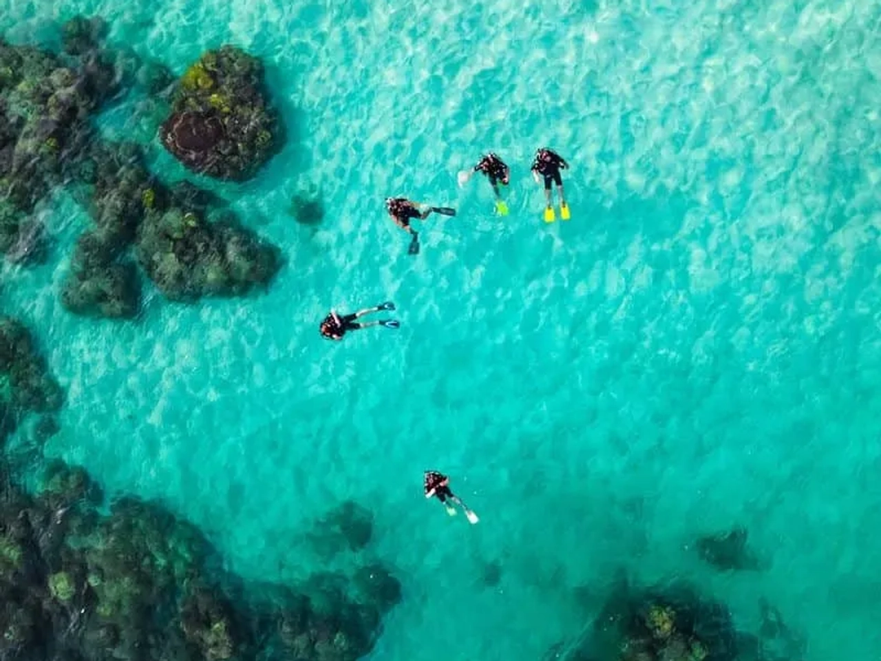 vista de cima de 5 mergulhadores na Redang Island na Malásia