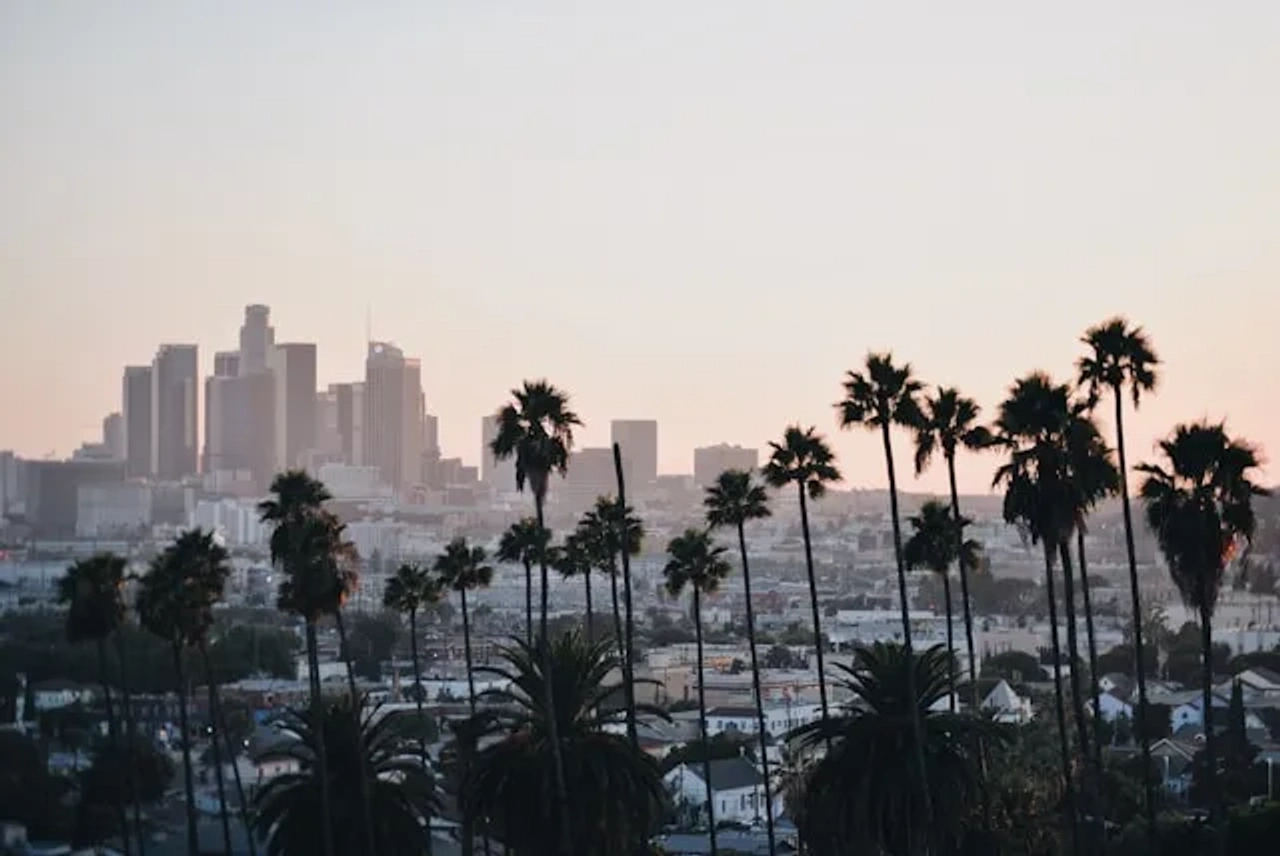 vista de los angeles ao por do sol com palmeiras
