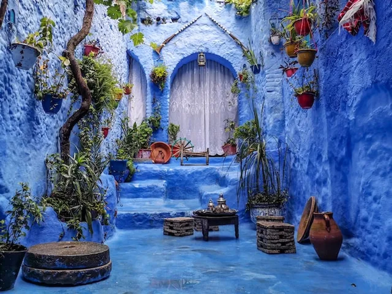 blue building with plants in marocco