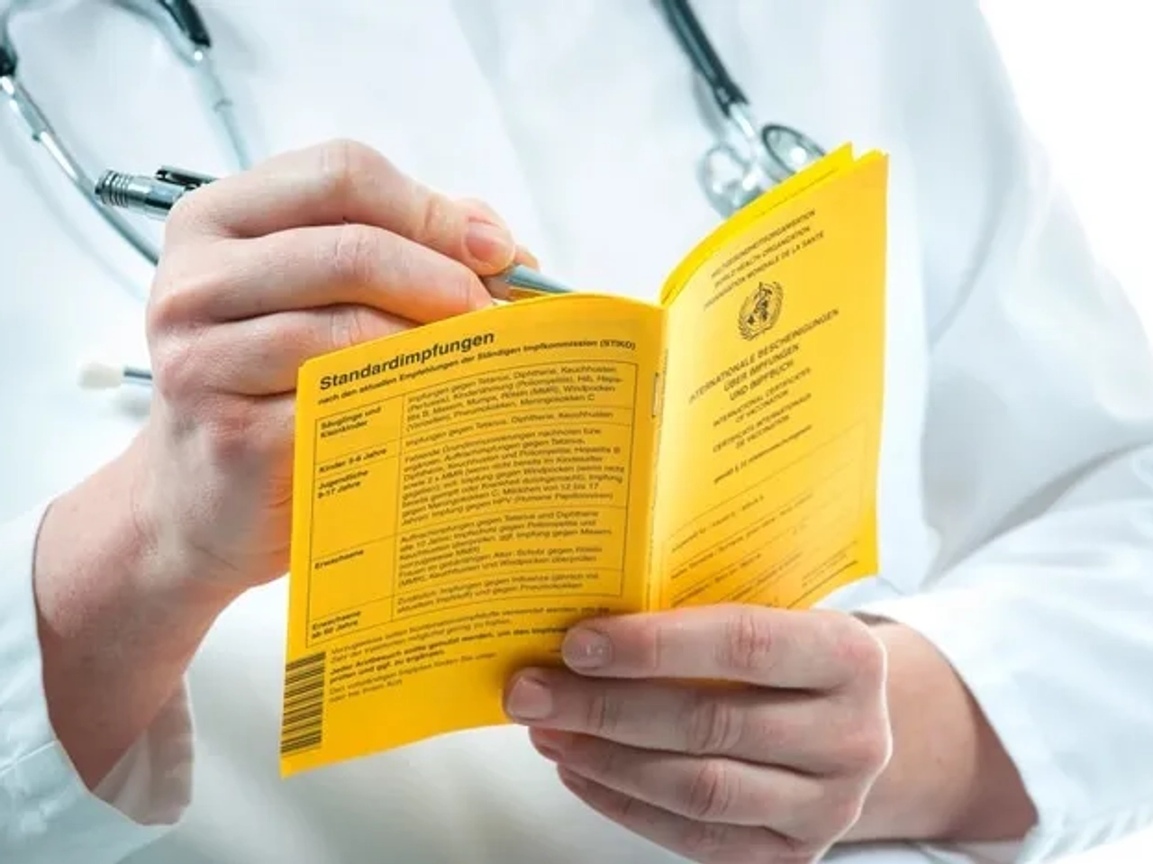 Médico revisando un pasaporte de vacunas para viajar al Sudeste Asiático.