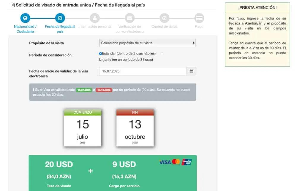 precio del visado de viaje a Azerbaiyán