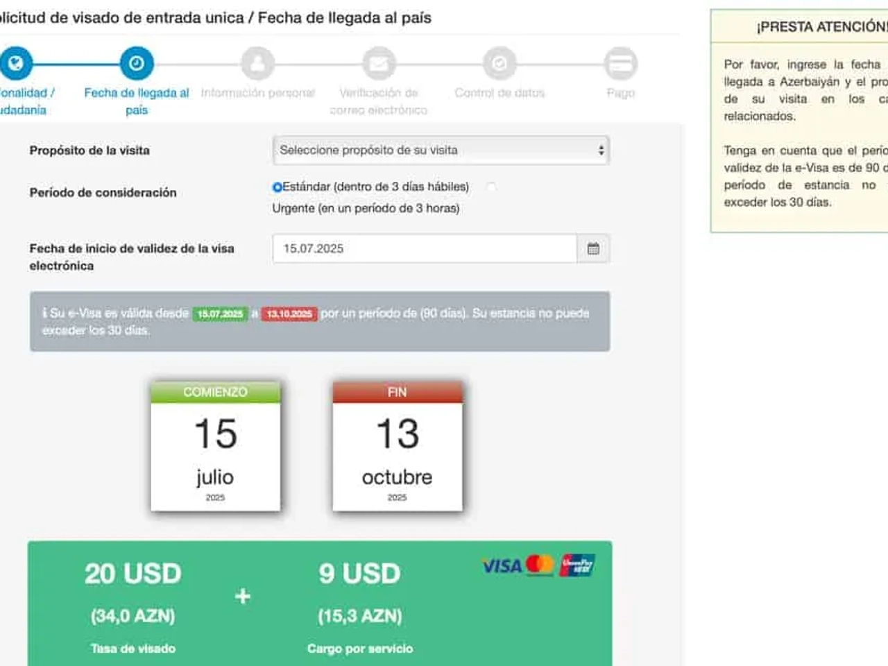 precio del visado de viaje a Azerbaiyán