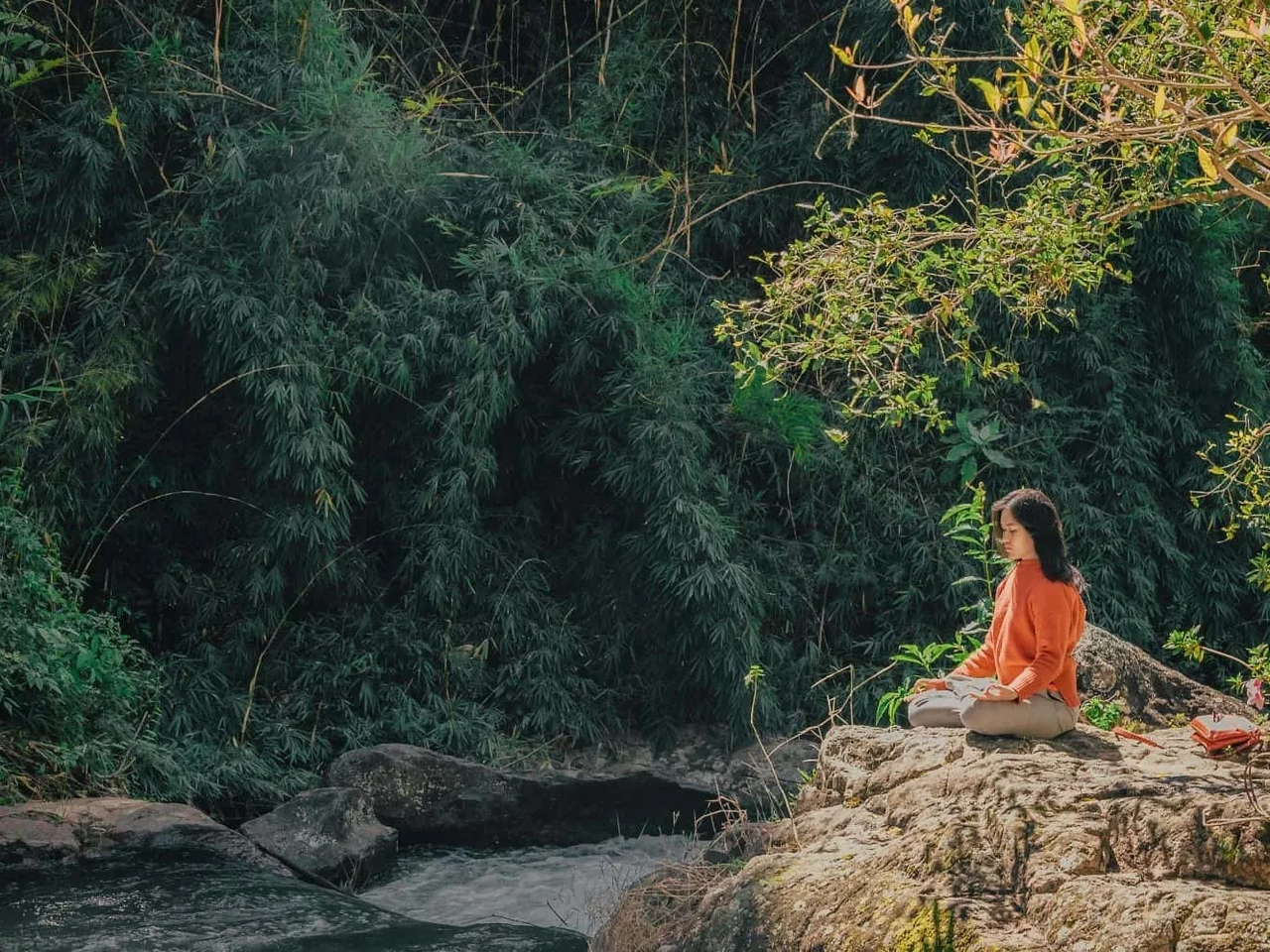 Mulher meditando em uma pedra à beira de um rio, cercada por vegetação.