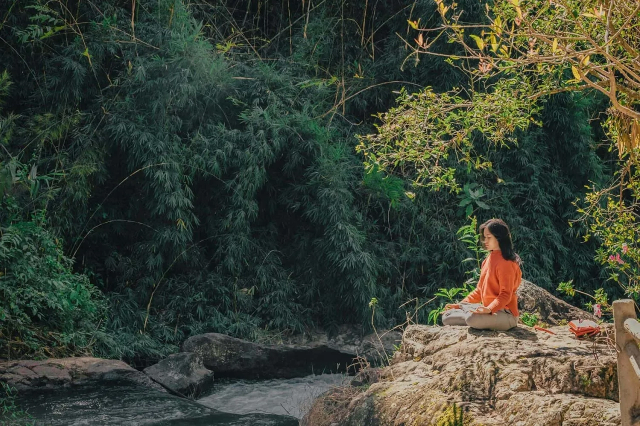 Mulher meditando em uma pedra à beira de um rio, cercada por vegetação.