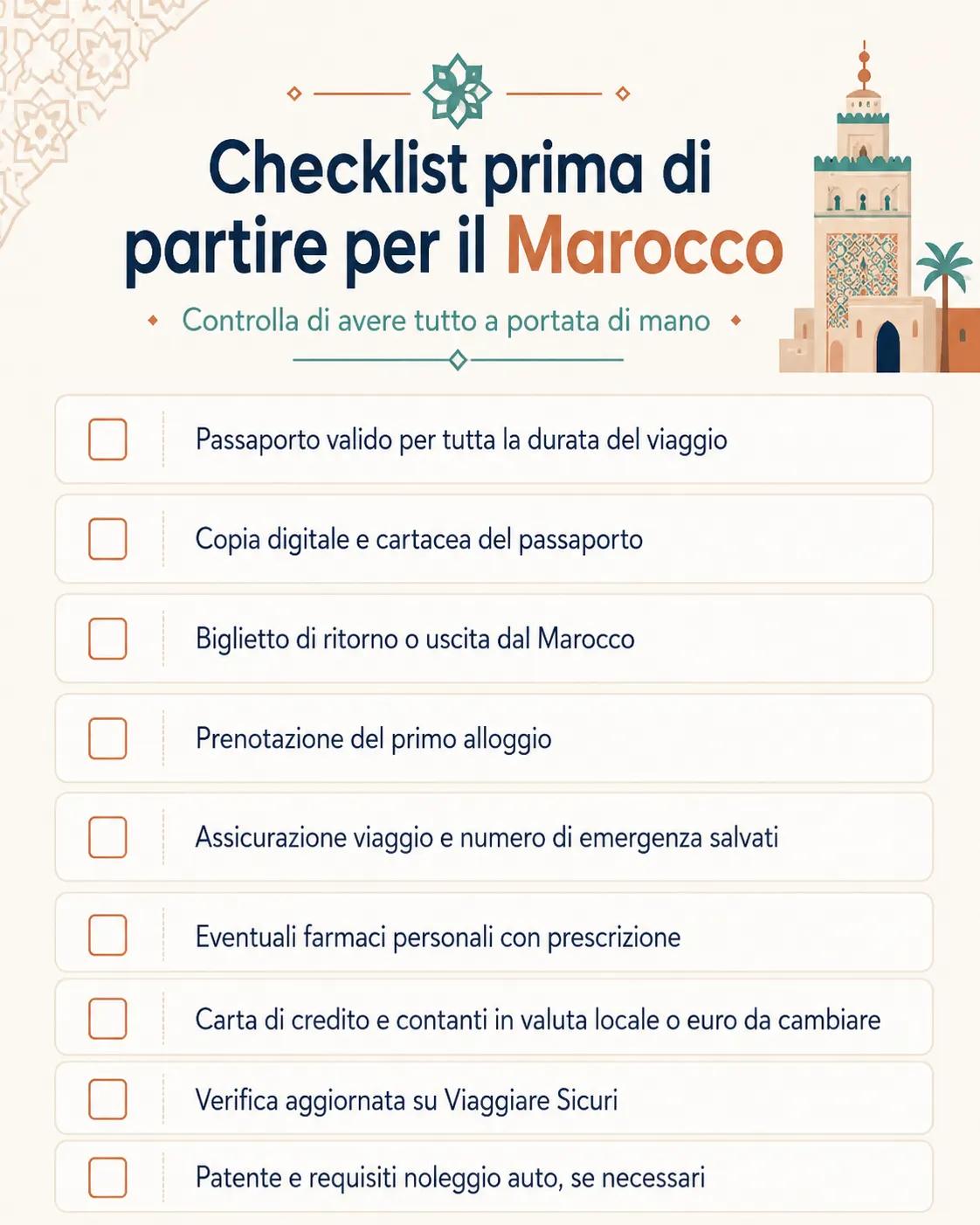 Infografica checklist per un viaggio in Marocco con titolo “Checklist prima di partire per il Marocco”, illustrazione di un minareto in stile marocchino, lista di controlli da spuntare prima della partenza.