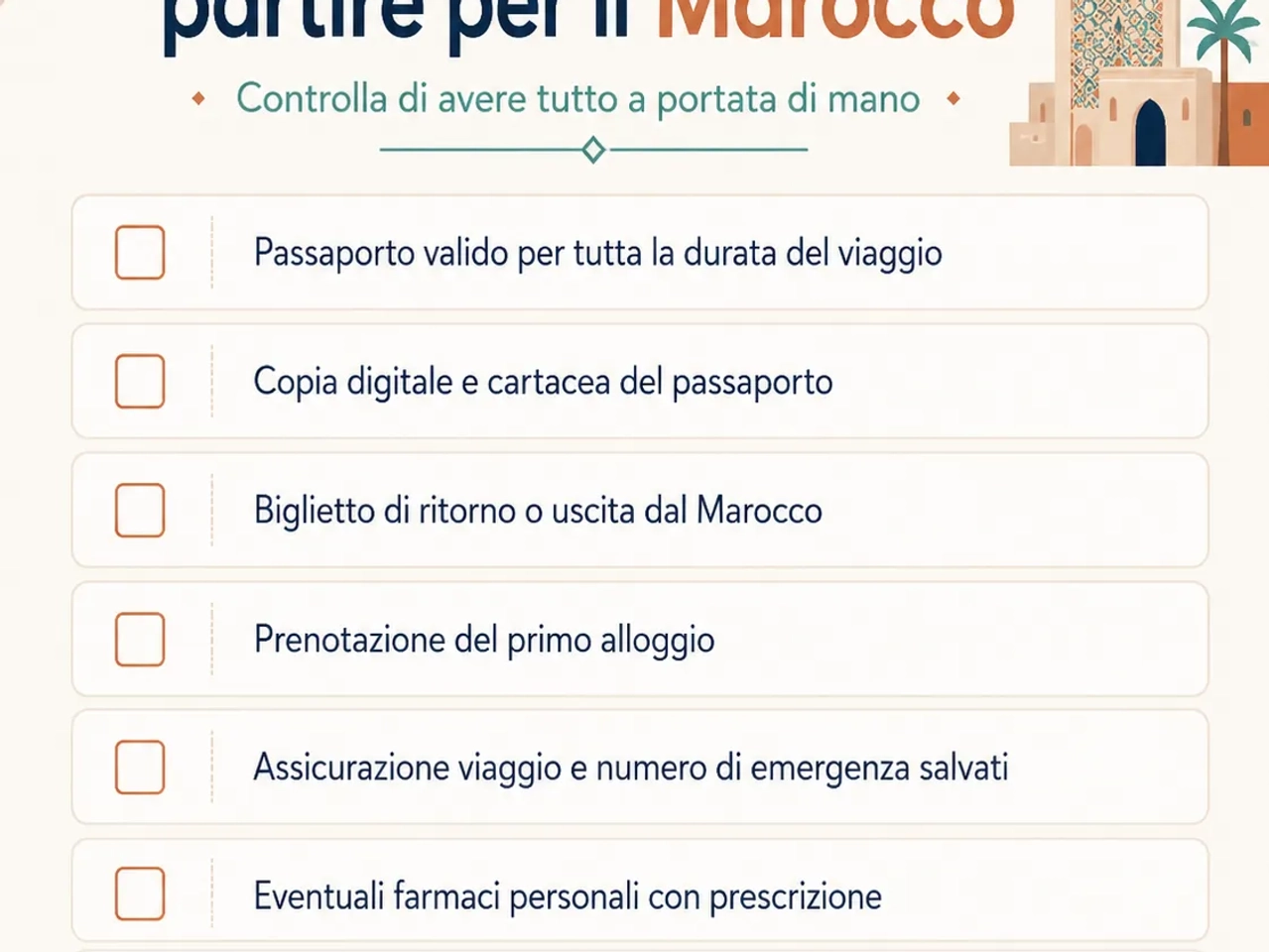 Infografica checklist per un viaggio in Marocco con titolo “Checklist prima di partire per il Marocco”, illustrazione di un minareto in stile marocchino, lista di controlli da spuntare prima della partenza.