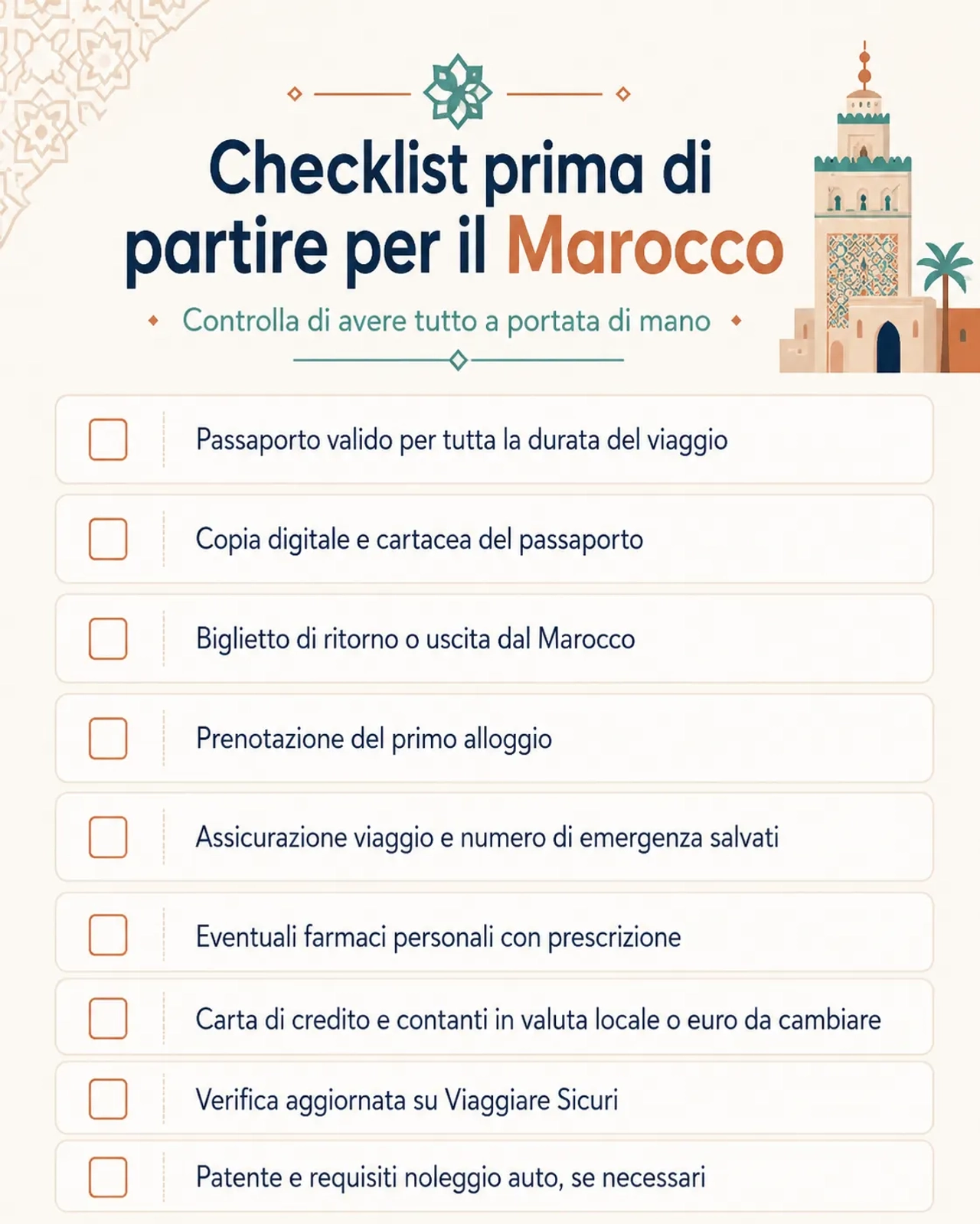 Infografica checklist per un viaggio in Marocco con titolo “Checklist prima di partire per il Marocco”, illustrazione di un minareto in stile marocchino, lista di controlli da spuntare prima della partenza.
